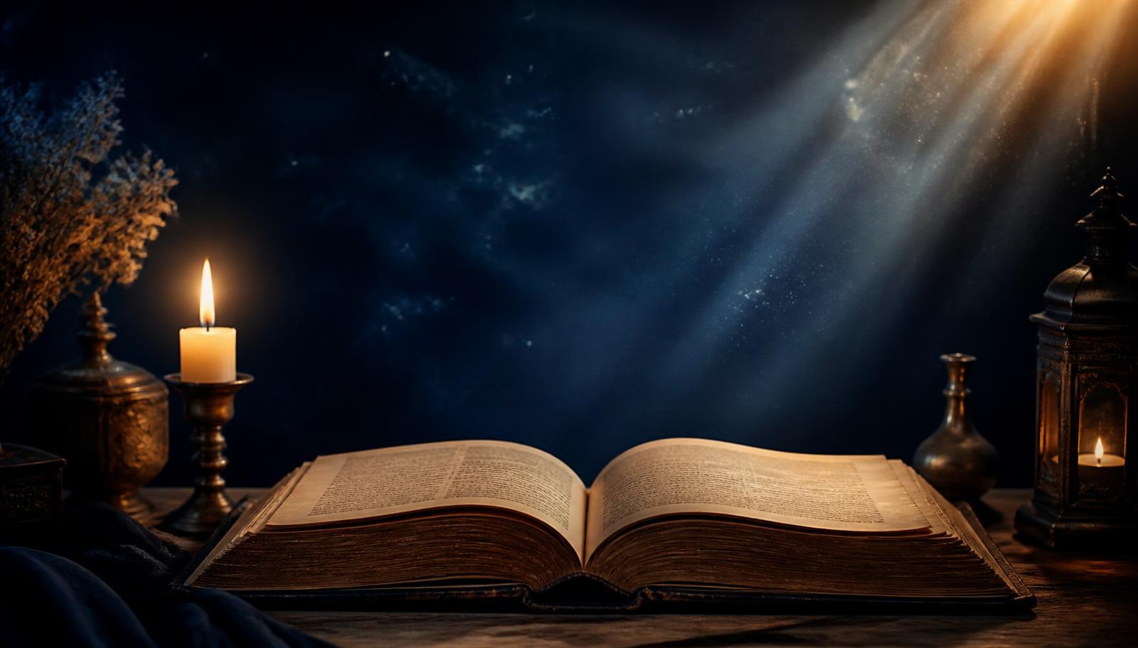 Livro aberto iluminado por luz de vela